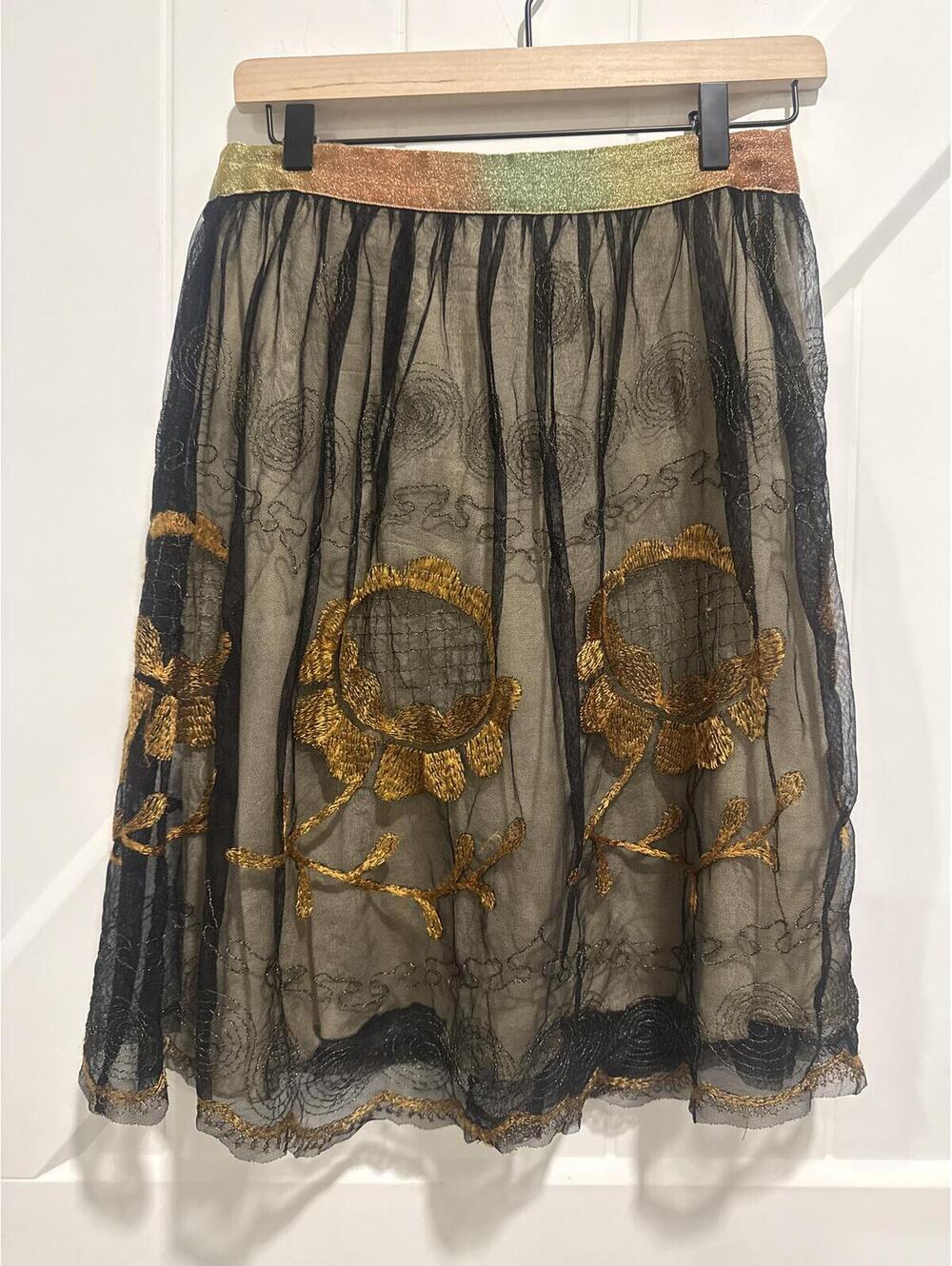 Free People Floral Embroidered Peasant Skirt with Sheer Black Overlay, Size 0